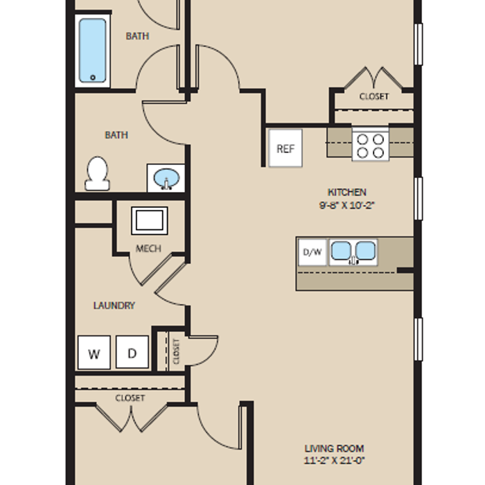 2 Bed 1.5 Bath
