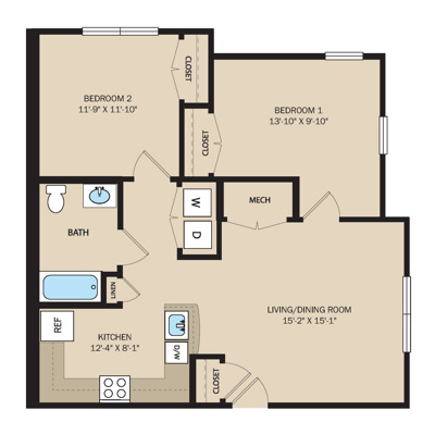 2 Bed 1 Bath - C