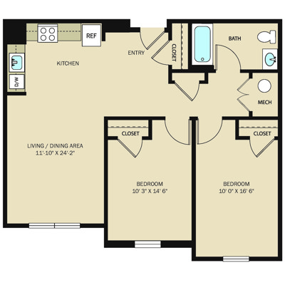 Unit F - 2 Bed, 1 Bath
