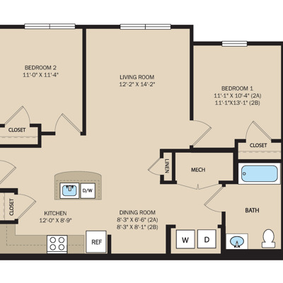 2 Bed 1 Bath -  A & B